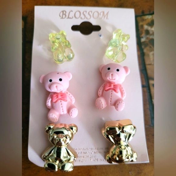 Pink and Gold Teddy Bear Earrings - Picture 1 of 2